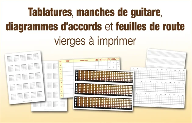 Tablatures, manches de guitare, diagrammes d'accords et feuilles de route (plan de travail) vierges à imprimer